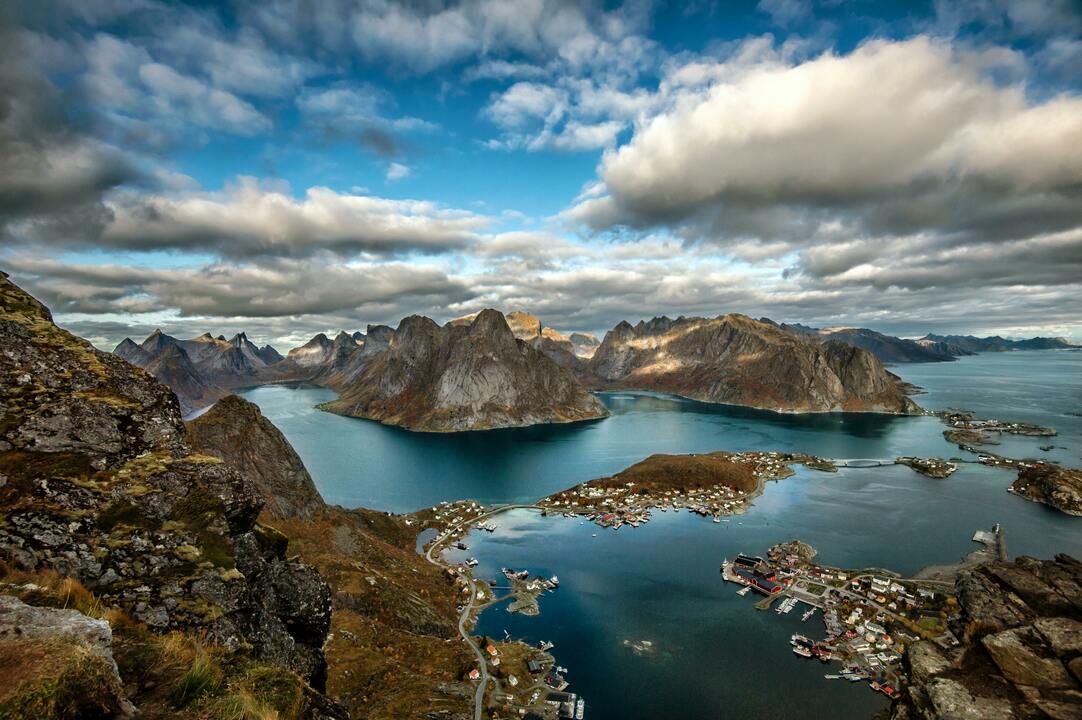 Ariel view of mountains and towns, Norway