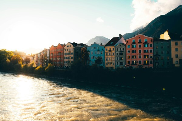 The setting sun along the Inn River